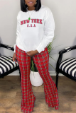 Red White Casual Plaid Letter O Neck Long Sleeve Two Pieces
