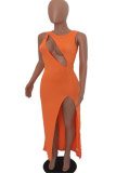Orange Sexy Tank Sleeveless O neck Asymmetrical Floor-Length Club Dresses