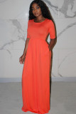 tangerine Milk. Fashion adult Ma'am Sweet tangerine Cap Sleeve Short Sleeves O neck Swagger Floor-Length Solid Dresses