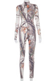 Grey Casual Floral Patchwork Tie-dye O Neck Regular Jumpsuits