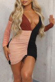 Black Sexy Patchwork Fold V Neck Dresses