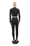 Black Polyester Casual Solid Straight Long Sleeve Two Pieces