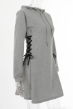 Grey Casual Solid Split Joint Hooded Collar Pleated Dresses
