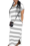 Grey Polyester Sexy Europe and America Short Sleeves V Neck Straight Floor-Length Print Dresses