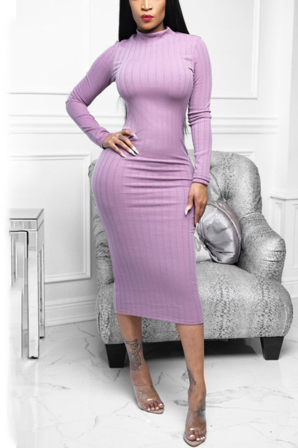 Purple Work Daily Solid Patchwork O Neck Pencil Skirt Dresses