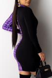 Purple Daily Print Patchwork V Neck Wrapped Skirt Dresses
