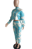 Peacock Blue Sexy Casual Print Tie-dye O Neck Long Sleeve Two Pieces