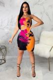 Orange Polyester Fashion Sexy Off The Shoulder Sleeveless Wrapped chest Step Skirt Knee-Length Patchwork Pr
