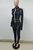 Fluorescent Green Casual Sportswear Solid Patchwork Zipper Collar Skinny Jumpsuits