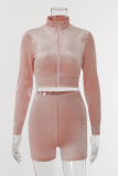 Pink Casual Hot Drilling Letter Zipper Collar Long Sleeve Two Pieces