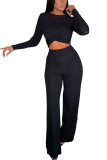 Black Fashion Sexy Adult Cotton Solid Split Joint O Neck Long Sleeve Regular Sleeve Short Two Pieces