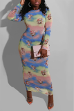 Light Blue Sexy Print Patchwork O Neck Pencil Skirt Dresses