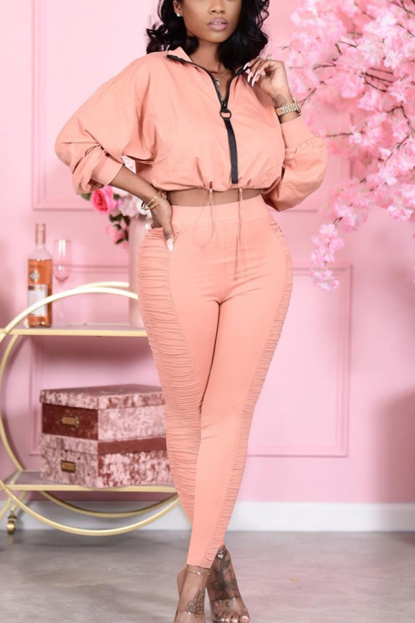 Pink Casual Solid Split Joint Turndown Collar Half Sleeve Two Pieces