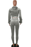 Grey Fashion Sexy Adult Flocking Solid Hooded Collar Long Sleeve Regular Sleeve Short Two Pieces