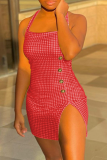 Red Sexy Plaid Buttons Halter Pencil Skirt Dresses
