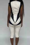 White Fashion Sexy Patchwork Split Joint Zipper Collar Skinny Romper