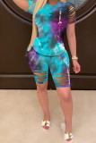 Blue Polyester Fashion Sexy Print Tie Dye Burn-out Two Piece Suits pencil Short Sleeve Two Pieces