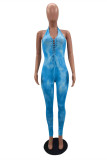 Light Blue Sexy Print Backless Strap Design Halter Skinny Jumpsuits