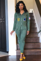 Army Green Fashion Casual Pocket zipper Patchwork Button Print Polyester Long Sleeve Hooded Jumpsuits