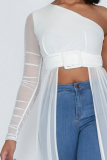 Red Sexy Patchwork Mesh One Shoulder Tops