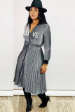Grey Polyester Sexy Cap Sleeve Long Sleeves Turndown Collar pleated Knee-Length Character Solid Long Sle