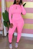 Pink Sexy Solid Split Joint O Neck Long Sleeve Two Pieces