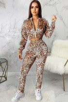 Shallow yellow Polyester Sexy Two Piece Suits Print Patchwork Zippered Skinny Long Sleeve