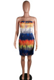 Blue Milk. Fashion Sexy adult Ma'am Off The Shoulder Sleeveless Wrapped chest Step Skirt Knee-Length Tie and dye Dresses