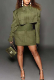 Army Green Street Solid Split Joint Turndown Collar Wrapped Skirt Dresses