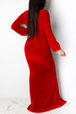 Red Sexy Solid Patchwork V Neck Irregular Dress Dresses