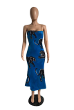 Blue Sexy Print Chains Spaghetti Strap Lantern Skirt Dresses