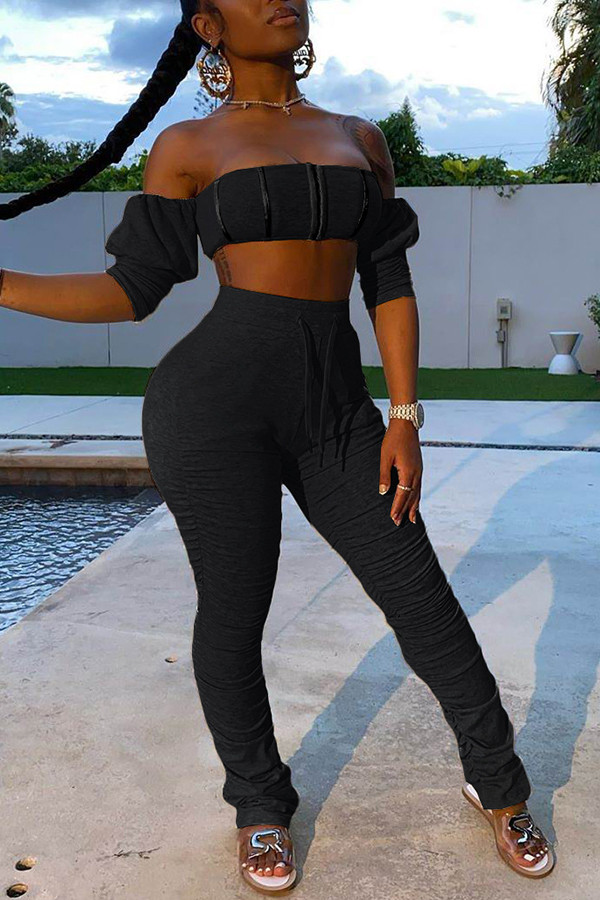 Black Polyester Fashion Sexy adult Patchwork Solid backless Draped Bandage Two Piece Suits pencil Nine Sleeves Two Pieces