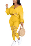 Yellow venetian Fashion Casual adult Ma'am Solid Burn-out Two Piece Suits pencil Long Sleeve Two Pieces