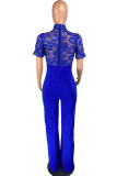 Blue Fashion Sexy lace Solid Knitting Short Sleeve O Neck Jumpsuits