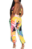 Yellow Fashion Sexy Print Backless Polyester Sleeveless V Neck Jumpsuits