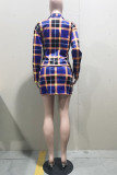 Blue Fashion Sexy Plaid Print Turndown Collar Long Sleeve Two Pieces