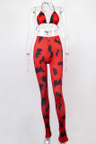 Red Sexy Animal Print Patchwork Spaghetti Strap Sleeveless Two Pieces
