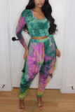 Blue Sexy Casual Spandex Blends Print Tie-dye Pullovers Pants U Neck Nine Points Sleeve Regular Sleeve Short Two Pieces