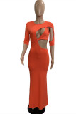 Orange Fashion Sexy Solid Hollowed Out O Neck Short Sleeve Dress