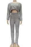 Grey Fashion British Style Adult Polyester Solid Draw String Fold O Neck Long Sleeve Regular Sleeve Short Two Pieces