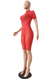 Red Sexy Solid Hollowed Out Zipper Collar Skinny Rompers
