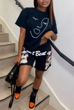 Black Fashion Casual Print Basic O Neck Short Sleeve Two Pieces