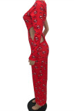 Red Fashion Sexy Lips Printed Hollowed Out Oblique Collar Long Sleeve Dresses