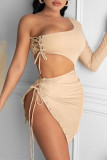 Coffee Fashion Sexy Solid Slit One Shoulder Long Sleeve Two Pieces