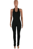 Black Sexy Backless Solid Draped Split Blend Sleeveless Hanging neck Jumpsuits