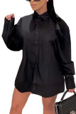 Black Fashion adult England Ma'am Shirt sleeves Long Sleeves Turndown Collar Step Skirt Knee-Length Print Solid Dresses