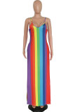Red Fashion Sexy Spaghetti Strap Sleeveless Slip Pleated Floor-Length Print asymmetrical Patchwork