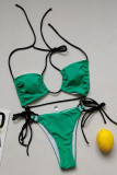 Green Fashion Sexy Print Solid Hollowed Out Backless Strap Design Swimwears