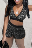 Black Sexy Print Patchwork V Neck Sleeveless Two Pieces