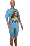 Sky Blue Fashion Sexy adult Ma'am Patchwork Print head portrait Two Piece Suits pencil Short Sleeve Two Pieces